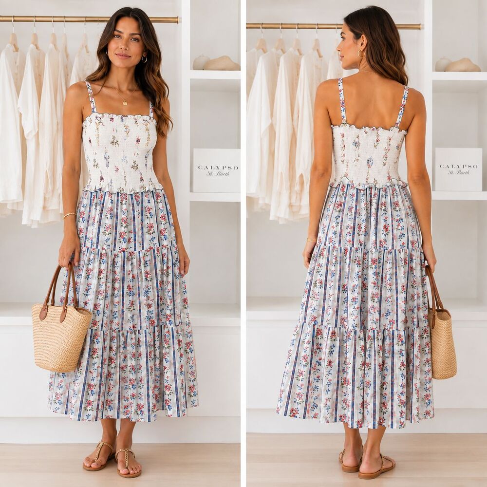 WHITE CLOSET ELEMENTS Women's Maxi Dress SMALL Tiered 2 Print Floral Smocked